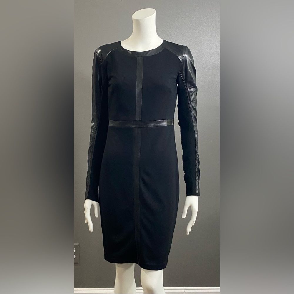 June Long Sleeve Black dress w/Distinctive genuine leather trim detailing Size S